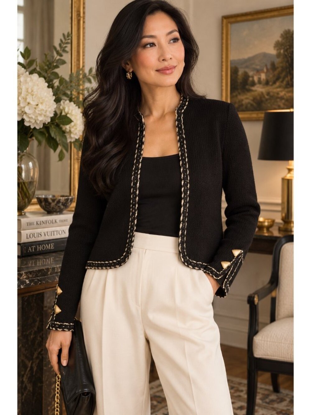 Vintage St John by Marie Gray Black Knit Cardigan Gold Metallic Trim Jacket
